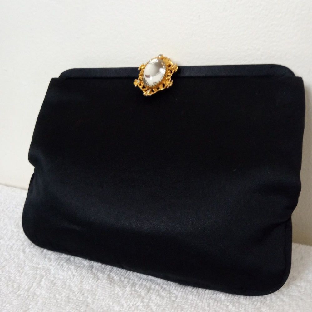 A VINTAGE  Mel-Ton 50's Black Satin & GEMSTONE With Gold Clasp Clutch Handbag